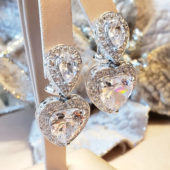 Sterling Silver Signed "R" Crystal Heart Earrings - Picture 2 of 6